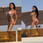 Model Katie Price shows off Brazilian butt lift results in a tiny bikini.
