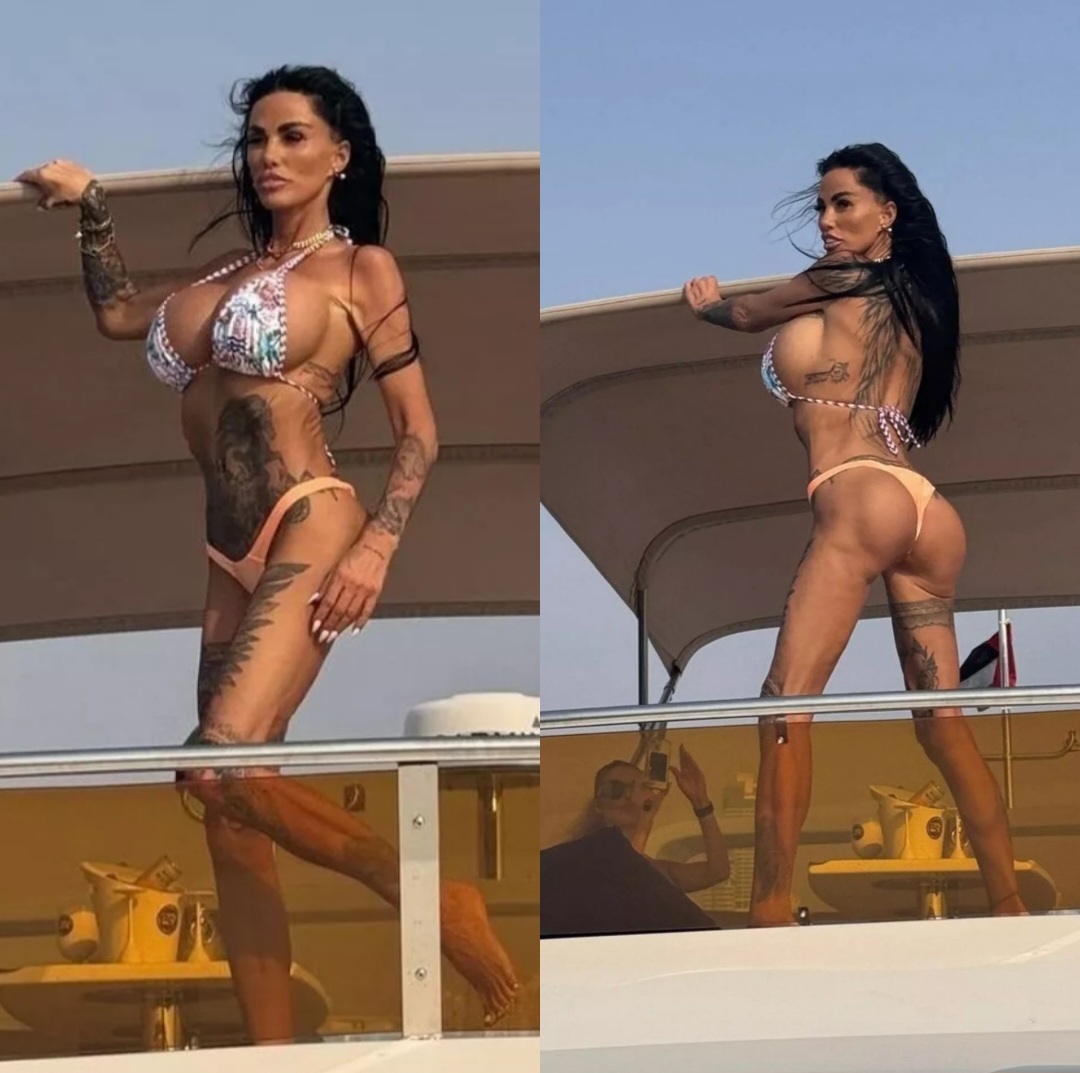 Model Katie Price shows off Brazilian butt lift results in a tiny bikini.